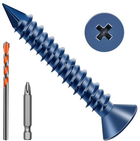 Zynthor 5.5 x 32mm Concrete Screws, 50 Pcs Blue Flat Head Concrete Screws Anchor Kit with Drill Bit and Screwdriver Bit, for Masonry, Cement, Block, Brick or Stucco