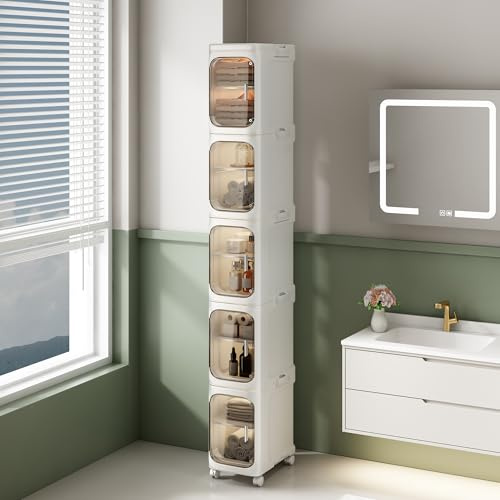 NETEL Stapelboxen, Plastikbox mit Deckel,aufbewahrungsschrank，badezimmerschrank schmal，badschrank，badmöbel，toilettenschrank，eckschrank，hochschrank badezimmer，5 Stück