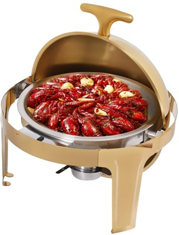RjcdOPL Chafing Dish Buffet Set 9 L, Round Roll-Top Stainless Steel Chafer Warmer, Fuel-Powered Countertop Buffet Server, Portable and Stable for Catering, Parties & Weddings (Gold)