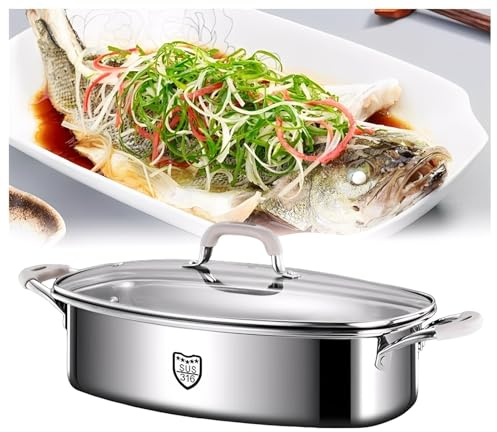 Pentola a vapore per pesce in acciaio inox, ovale multiuso, con griglia, pentola a induzione e piano cottura in ceramica, durevole, essenziale per cucinare e preparare pasti sani