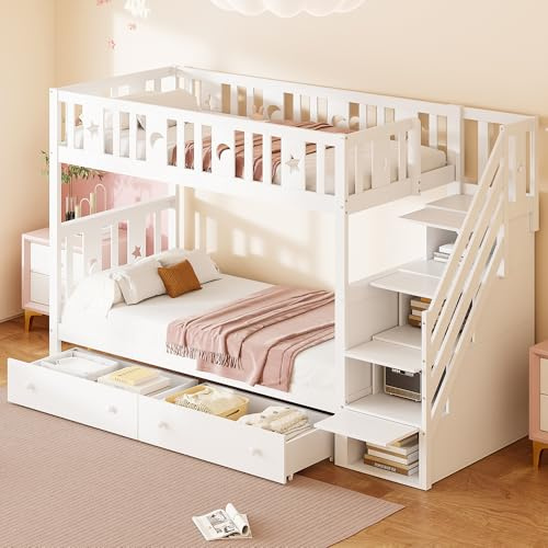 Gxffipw Etagenbett 90x200 cm mit Schubladen und Rausfallschutz, Hochbett Bett mit Stauraum und Treppe, Stockbett Holzbett Bettgestell mit Lattenrost, Weiß, Ohne Matratze