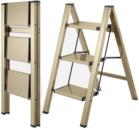 BIBKOKE Scaletta pieghevole a 3 gradini in alluminio, finitura oro champagne, treppiede, antiscivolo, portatile, robusto, per casa e cucina, ufficio, 150 kg