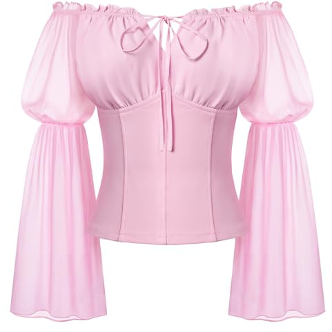 SCARLET DARKNESS Chemisier à manches longues Renaissance pour femme avec épaules dénudées et buste froncé, rose clair, XXL