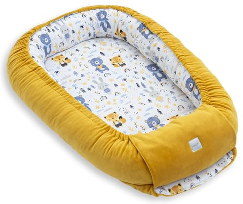 LOOLAY Babynest, Nestchen für Neugeborene – Baby Nestchen 91 × 63 cm, Tragbares Nest aus Samtvelours & Baumwolle (GELB Velour/Wald Tiere)