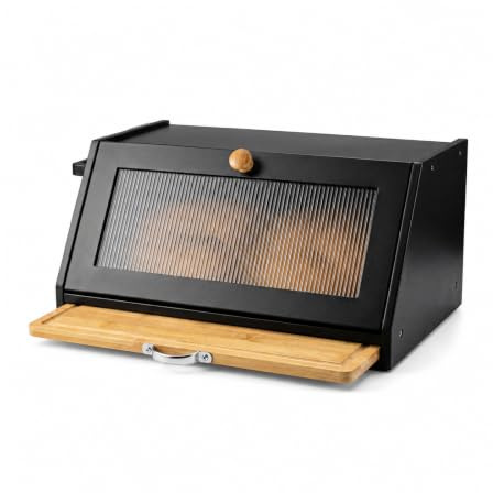 TOQUE Bread Box, Wooden Bread Bin 2-Tier Bamboo Bread Storage Holder, Black