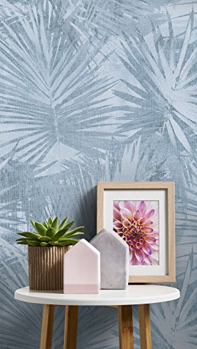 Livingwalls Vliestapete Hygge Tapete im Palmenprint in Dschungel Optik 10,05 m x 0,53 m blau grau Made in Germany 363855 36385-5
