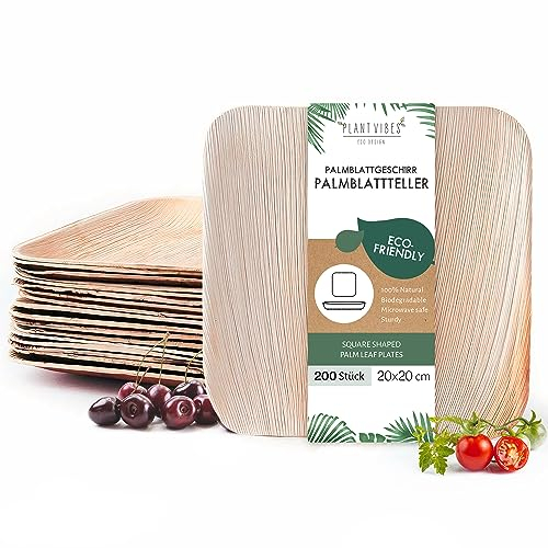 Plantvibes Palmblatt teller, 20cm x 200 Stk umweltfreundliches Palmblattgeschirr zu 100% kompostierbar & CO2 neutral, Bio Einweggeschirr aus Areca Palmblatt, Einwegteller palmblatt geschirr