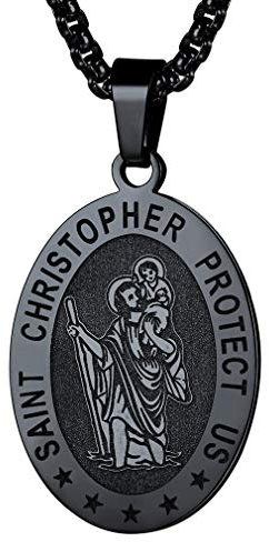 FaithHeart Saint Christophorus Amulett für Herren Damen, Kette mit Schwarzer Ovaler Anhänger, Amulett Accessoires für das Auto