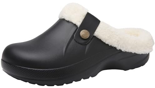 ChayChax Women Waterproof Slippers Men Wool-Like Lined Clogs Winter Garden Shoes Warm House Slippers Indoor Outdoor Mules, Black, 4/5 UK