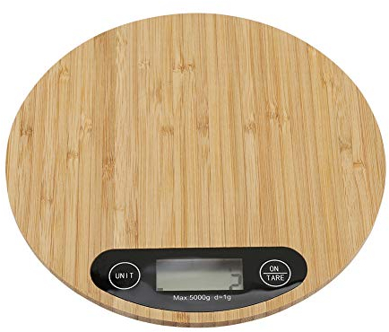 Hakeeta Balance de Cuisine Électronique - Balance Numérique en Bambou Ronde avec Écran LED - Balance de Precision 5kg/1g - Balance Numérique de Haute Précision - G/LB OZ/ML/FL.OZ