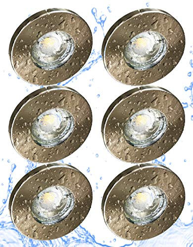 Trango 6er Set IP44 LED Einbaustrahler 6729IP-062M6KSD aus Edelstahl gebürstet incl. 6x 6000K Tageslicht Weiß (kaltweiß) dimmbar Ultra Flach LED Modul für Bad, Dusche, Einbauleuchte, Deckenlampe