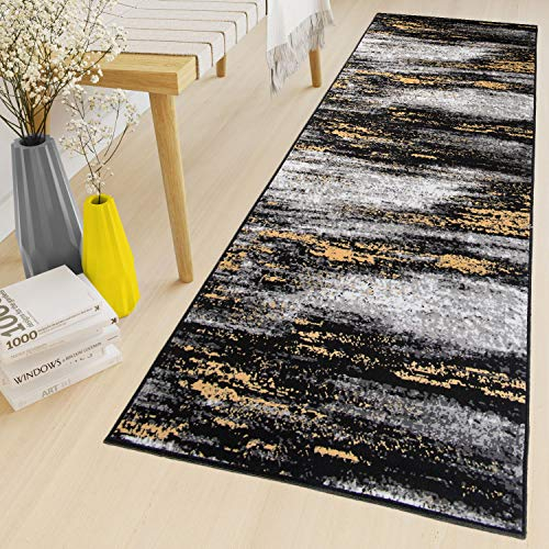 TAPISO Maya Teppich Läufer Meterware Kurzflor Wohnzimmer Flur Küche Modern Brücke Grau Gelb Schwarz Verwischt Meliert Design ÖKOTEX 120 x 300 cm