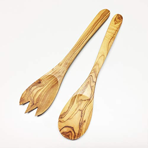 2er Set Salatbesteck 35 cm Salatlöffel Holz Besteck Löffel Zacken Gabel Olivenholz Handarbeit Servierbesteck Geschenk