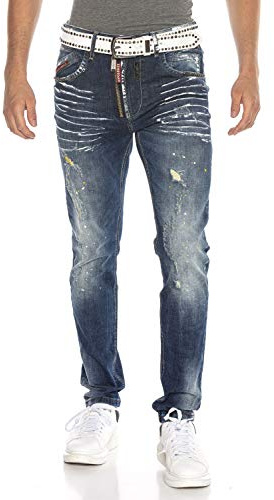 Cipo & Baxx Herren Jeans Hose Destroyed Style Regular Fit Design Denim Used Elementen Blau W40 L34
