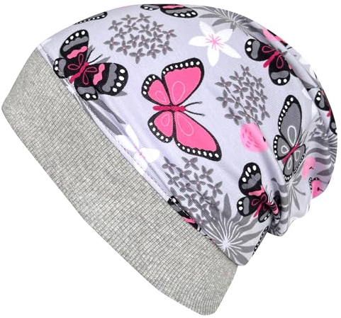 Wollhuhn ÖKO Leichte Mädchen/Jungen Beanie-Mütze Bündchen Elastisch Übergangszeit/Sommer Kinder-Mütze Baumwolle (Öko-Stoffe, Bio) 22222235 (Schmetterlinge Grau/Rosa, XS)