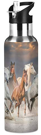 Vnurnrn Art Mignon Cadeau Cheval Animal Bouteille d'eau Isotherme avec Paille en Acier Inoxydable Gourde 600ML, Sans Bpa Gourdes Eau pour Enfant Sport Randonnée École Bureau
