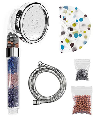 5 Way Filter Hikklo Shower Head and Hose-3 Modes Ionic Shower Heads with 1.5M Shower Hose and Shower Cap-high Pressure Shower for Hard Water to Increase Pressure with Replaceable Water Filter Stones