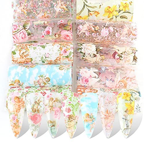 LANCHEN Engel & Blumen Nail Art Folien Transfer Sticker Blumen Nail Art Sticker Decals Holographic Starry Foil Adhesive