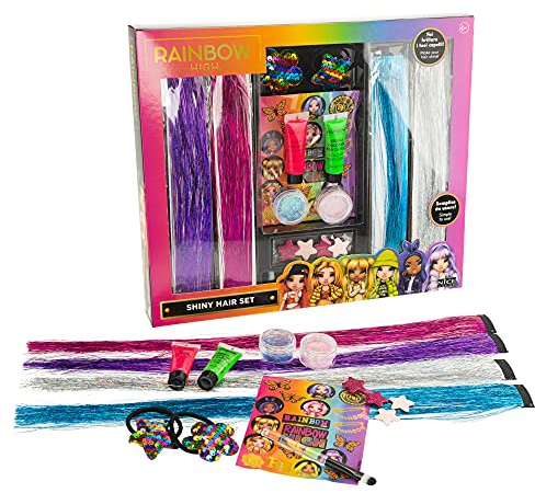 RAINBOW HIGH Shiny Hair Set, Estensioni scintillanti per Bambini, con Clip Fermacapelli, Elastici con paillettes reversibili, Gel colorato, Applicatore - Nice Group