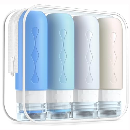 Gemice Flacons de Voyage, 4Pcs Étanches Bouteille de Voyage Silicone, Accessoires de Voyage Aéroport Contenant pour Huile Solaire, Shampooing, Lotion, Gel Douche Crème (89ml)