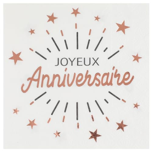 Serviette de table joyeux anniversaire blanche et rose gold métallique (x10) REF/6649