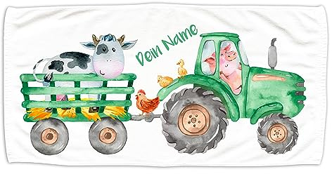 GRAZDesign Kinder Handtuch Traktor mit Namen Badetuch für Jungen und Mädchen von 2-10 Jahren Strand 140x70cm Grüner Trecker mit Tieren - Bauernhof