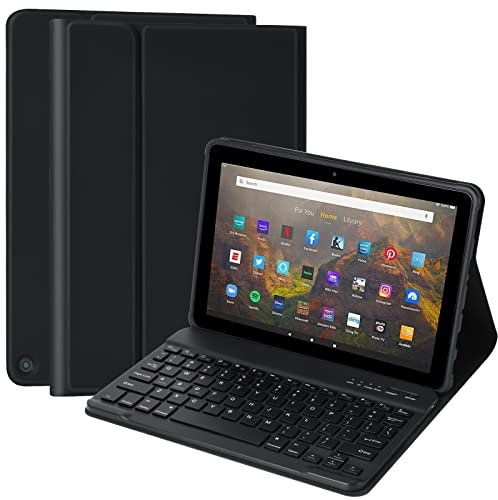 Tastaturhülle für Kindle Fire HD 10 und Fire HD 10 Plus Tablet (11. Generation, Version 2021) Schlanke, leichte Schutzhülle aus PU-Leder mit Abnehmbarer Bluetooth-Tastatur (Schwarz)