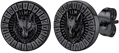 FaithHeart Schwarz Fenrir Wolfkopf Ohrstecker für Herren Jungen Punk Piercing Rune Ohrstecker mit Geschenkebox für Geburtstag Vatertag