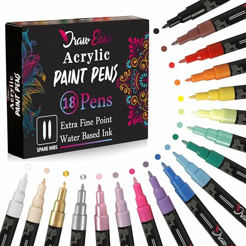 Draw Ease Acrylic Paint Pens Set of 18 Colors, 0.7mm Tip Glass Pens with Extra Fine Point & Water Based Ink - Acrylic Pens Suitable for Porcelain, Wood, DIY Craft, Mug Design, Rock Painting, & Ceramic