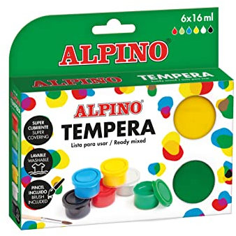 Alpino Pintura Témpera 6 x 16 ml, Pintura Témpera, Material escolar, Amarillo,Azul,Blanco,Verde
