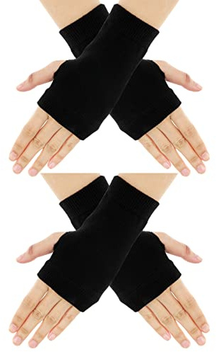 Sibba 2 Paar Fingerlose Handschuhe Winter Warme Halbfinger-Handschuhe mit Daumenloch Damen Baumwolle Stretchy Strickfäustlinge Tippen SMS Fahren Schwarz Pulswärmer Unisex Weihnachtsgeschenke