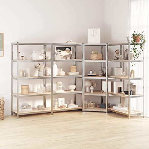 Chusui Regale mit 5 Böden 4 STK Wohnzimmer Regal, Keller Regal, Lagerregal, Aufbewahrung Garage, Haushaltsregal, Bücherregal, Standregal, Silbern Stahl & Holzwerkstoff