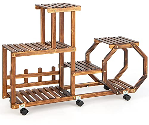 TANGZON Rolling Wooden Plant Stand, 4-Tier/5-Tier/6-Tier Flower Pot Holder with Lockable Wheels, Indoor Outdoor Potted Plant Display Rack Corner Shelf for Patio Balcony Yard (4-Tier, 107 x 29 x 74cm)