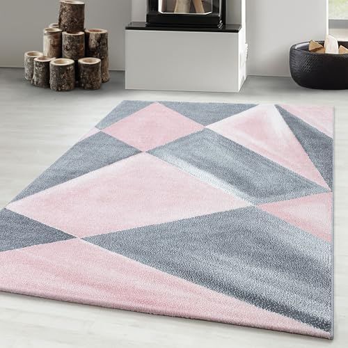 Tapis à Poils Ras, Couleur Rose, Conception géométrique, 111172, Tapis Rectangle, Tapis Salon-Salle à Manger ou Chambre, 140 x 200 cm