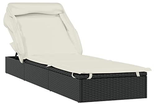 vidaXL Sonnenliege, Gartenliege Verstellbare Sitzfläche, Liegestuhl Liege mit Faltdach, Relaxliege Strandliege Gartenmöbel, Schwarz Poly Rattan