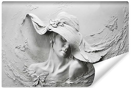 Muralo Fototapete Selbstklebend 3D, Beton-Optik, Frau mit Hut - 90x60 cm | Beeindruckendes 3D-Design, hochauflösender Druck - ideal für Wohnzimmer und Schlafzimmer, Ein außergewöhnliches Raumerlebnis