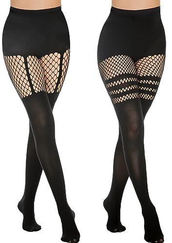 MANZI Faux Thigh High Tights Mock Suspender Pantyhose Striped Goth Fishnets Pack of 2 Suspender/Striped One Size