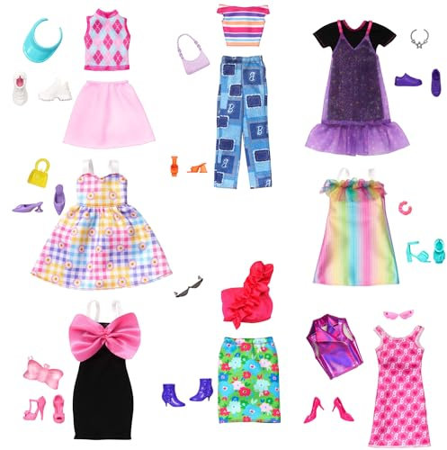 Barbie Moden und Accessoires - Farbenfrohes Modeset mit über 65 einzigartigen Outfits, 13 Kleidungsstücke, 8 Accessoires und 8 Paar Schuhe, für stundenlangen Stylingspaß, universelle Passform, HRG56