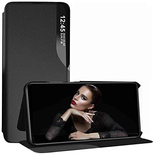 WBWONE Hülle für Xiaomi Redmi Note 13 Pro+ Plus 5G, Clear View Flip Handyhülle, PU/PC Lederhülle Schutzhülle Intelligentes Erwachen Case mit Flip Klappbarer Stände. Schwarz