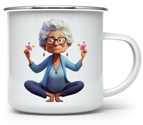 MAXIKIWI Langlebige Emaille-Kaffee- oder Tee-Camping-Tasse für drinnen und draußen, lustige Oma macht Yoga, 350 ml