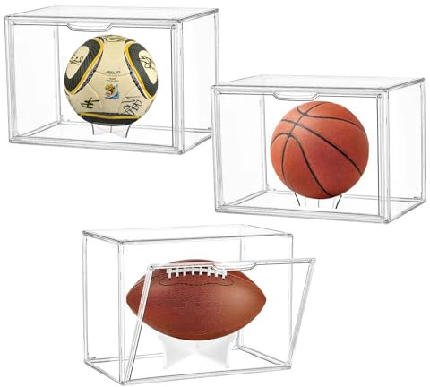 AAABOX Fußball Vitrine Acryl Transparente Stapelbar mit Tür,3 Stück 40x25x30cm Groß Vitrinenschrank Schaukasten Selbstmontage mit Ständer für Groß Sammlung Sammlerstück Basketball Volleyball