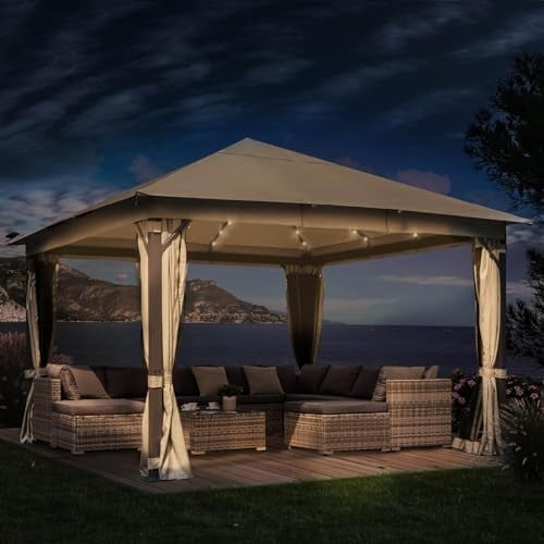 BRAST® Pavillon Aluminium Infinity 3x4m oder 4x4m | viele Modelle & Farben | inkl. Moskitonetz | wahlweise LEDs | wasserdicht | stabil | UV-Schutz | 3x4m Beige LEDs
