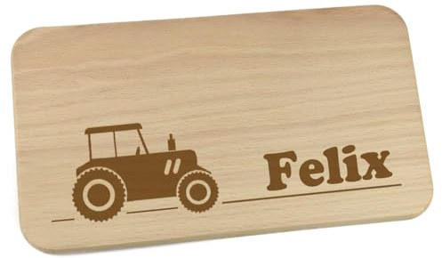 Personalisiertes Frühstücksbrettchen aus Holz mit Motiv und Name graviert Motiv Traktor