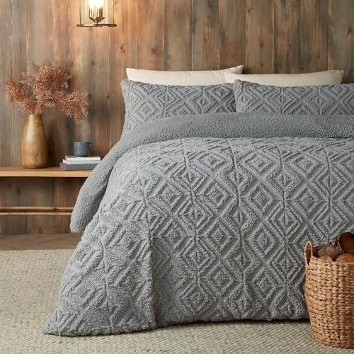Fusion - Grauer Teddy-Fleece-Bettbezug, Einzelbettgröße (140 x 200 cm), wendbares Design, dunkelgrauer Jacquard-Bettbezug, geometrische quadratische getuftete Bettwäsche, superweiches und gemütliches