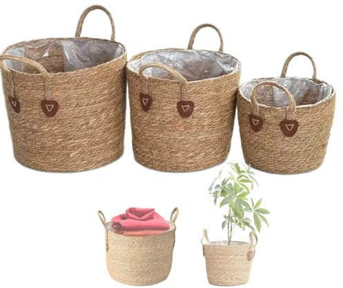 SANGOGO Blumentopf-Übertopf, Übertopf aus geflochtenem Weidengeflecht, mit Henkel, Aufbewahrungskorb für Spielzeug, Aufbewahrungskorb mit Griff, handgefertigt (3 PCS)