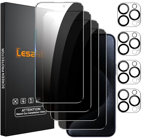 Lesakit 4+4 Pack Privacy Screen Protector for iPhone 15 Pro 6.1-Inch with 4 Pack Camera Lens Protector, Anti Spy Tempered Glass Film 9H Hardness Case Friendly