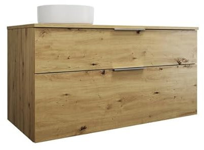 burgbad Eqio Keramik-Aufsatzwaschtisch rund, links, inklusive Waschtischunterschrank mit 2 Schubladen, Breite 1200mm, SGUN120LF5662C0001G0146, Farbe: Eiche Dekor Urban/Eiche Dekor Urban, Griff Chrom