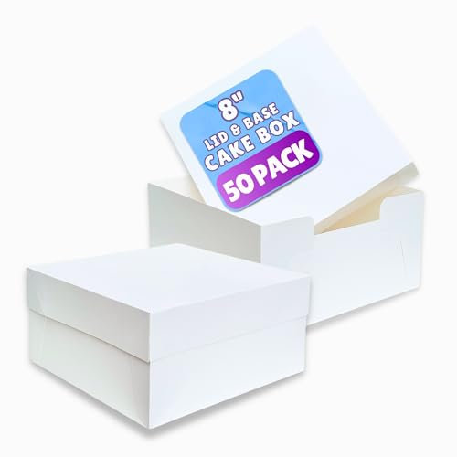 PACK N TRADE White 8 Inch Cake Box, Pack of 50 Square Cardboard Cake Boxes with Lids (8 x 8 x 5 Inches), Ideal for Safely Carrying and Transporting Cakes