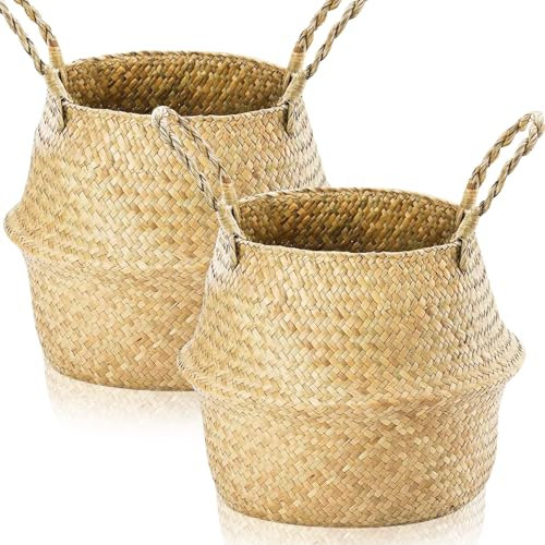 Lighterday 2 Stück Seegras Aufbewahrungskorb,Seegras Blumentopf Geflochten Übertopf Korb Wäschekorb Geflochten Pflanzkorb Geflochtener Korb für Decken Pflanze Spielzeug Lagerung (L 32×28cm)
