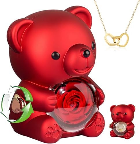 Aloskart Orso Rosa eterna con Collana a Forma di Cuore, Orsetto di Rose Stabilizzate,Regalo Dia Madre,Regalo di Natale,per Fidanzata Mamma Ragazza